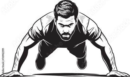 Dynamic Young Sportsman Doing Push Ups Black Vector Emblem Energetic Male Engaged in Push Up Exercise Black Logo Design
