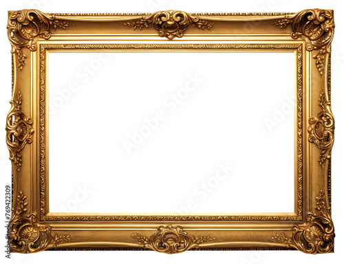 Fototapeta Naklejka Na Ścianę i Meble -  Golden wooden frame isolated on transparent background, Patterned and Vintage picture frame PNG format, old wide ornamental baroque picture frame