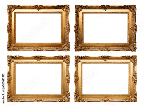 Golden wooden frame isolated on transparent background, Patterned and Vintage picture frame PNG format, old wide ornamental baroque picture frame