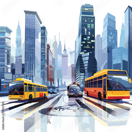 A modern city street with taxis and buses. clipart 