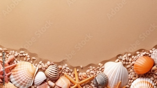 Seashell Decorations on a Beach Sand Background. Negative Space. Generative AI