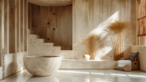 Modern Minimalist Bathroom Interior with Stone Bath and Wooden Elements