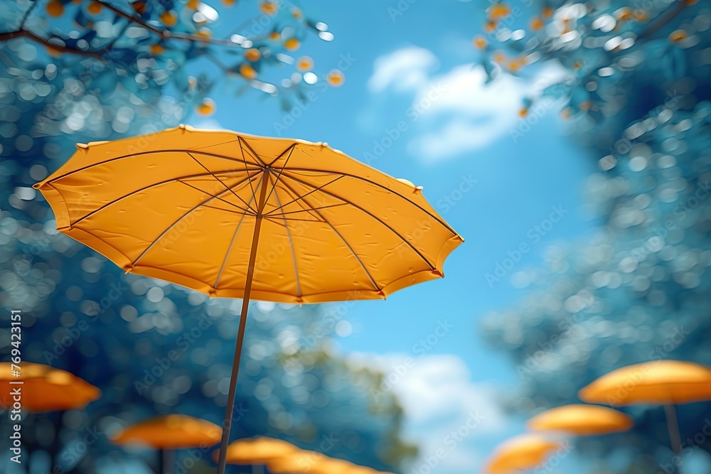 Colorful beach umbrellas against a blue summer sky 
