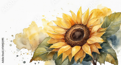 Watercolor sunflower clipart with bold yellow petals and a brown center.