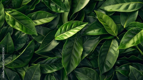 Detailed view of lush green tea leaves, showcasing the intricate textures and shades of green in a close-up shot, background, wallpaper photo