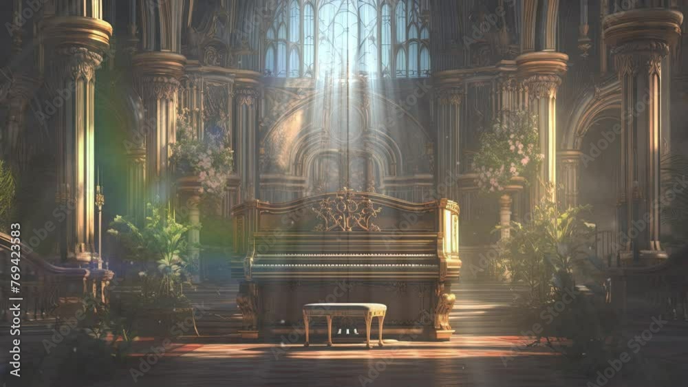 black piano in the church. loop animation