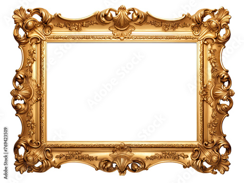 Golden wooden frame isolated on transparent background, Patterned and Vintage picture frame PNG format
