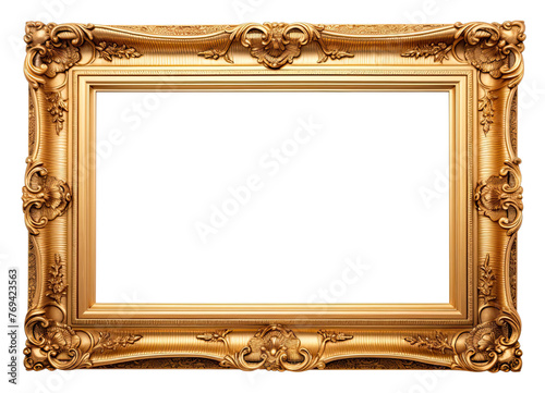 Golden wooden frame isolated on transparent background, Patterned and Vintage picture frame PNG format