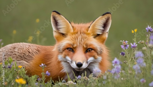A Fox With Its Nose Buried In A Patch Of Wildflowe photo
