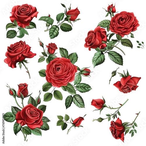 Beautiful bouquet flowers of red and scarlet blooming roses with leaves and buds, Lovely floral design element. isolated on a Transparent Background. Generative AI © Rahnumas