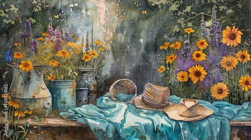 Watercolor spring cleaning, whimsical scene photo