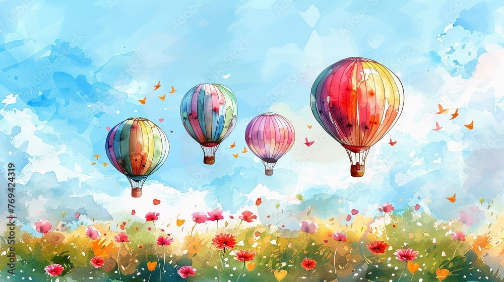 Fototapeta premium Watercolor hot air balloons, spring sky