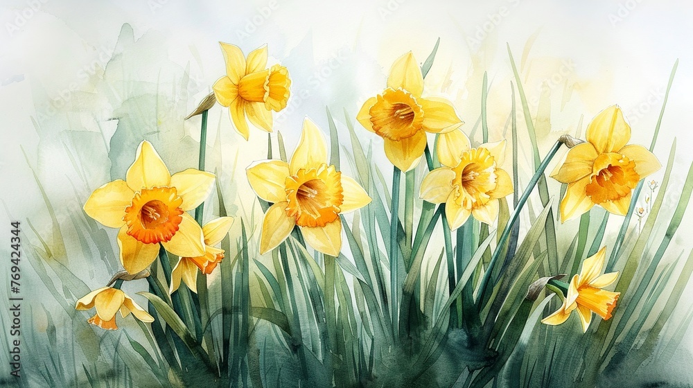 Obraz premium Watercolor daffodils on a bright spring day