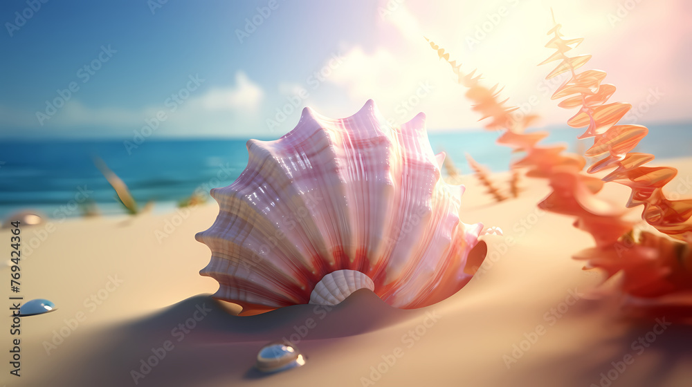 Small conch shells on the beach, blurred beach and bokeh background Small conch shells on the beach, blurred beach and bokeh background