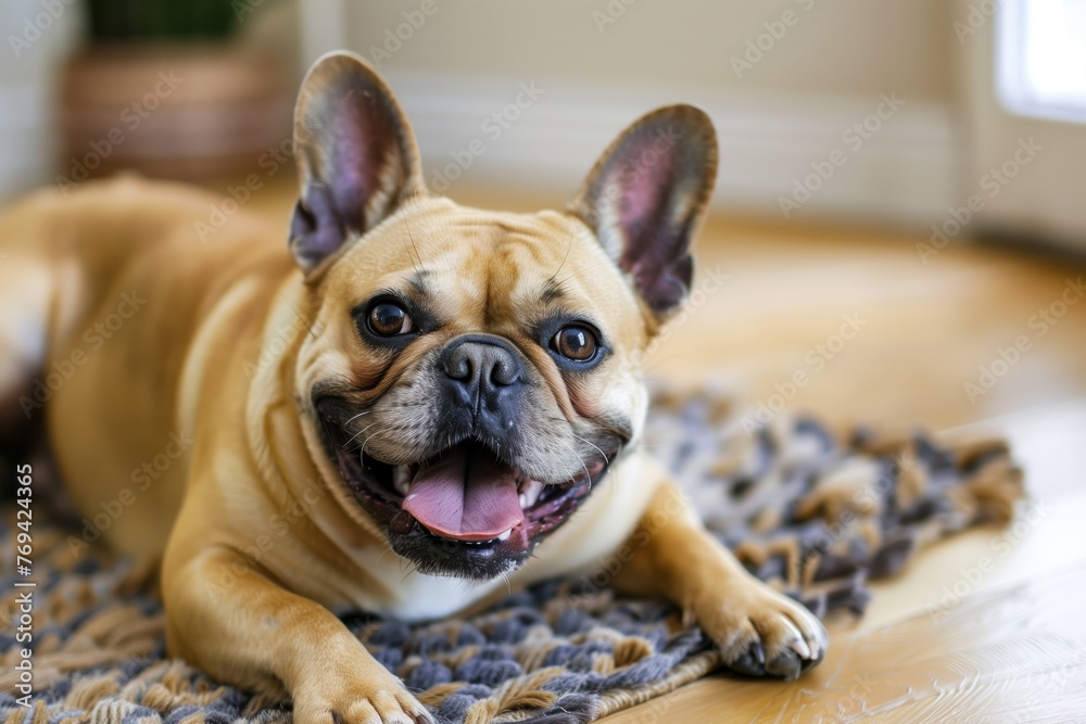 french bulldog with a happy snort, lying on a soft rug