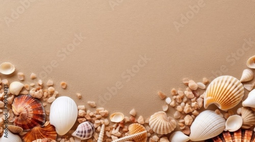 Seashell Decorations on a Beach Sand Background. Negative Space. Generative AI © wellyans