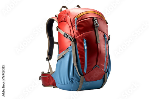 Vibrant Red and Blue Backpack Adorned With Straps. On a White or Clear Surface PNG Transparent Background.