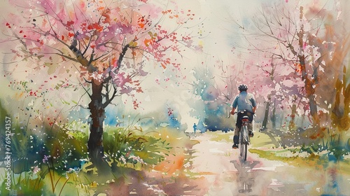 Watercolor cycling in spring, countryside