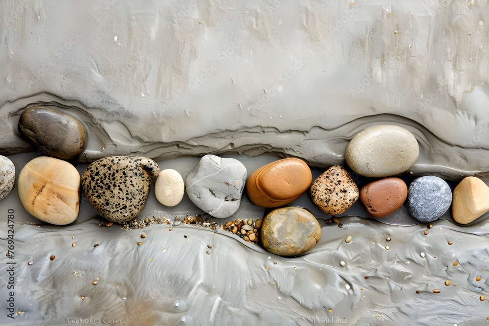 A pile of rocks by the shore.Steine am Strand.Three stone cairns on a