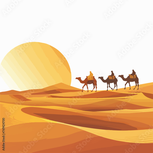 A serene desert landscape with a camel caravan. clipart