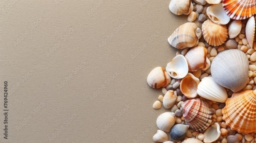 Seashell Decorations on a Beach Sand Background. Negative Space. Generative AI