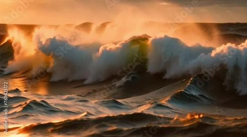 a big ocean wave at sunnset cinematic film photo