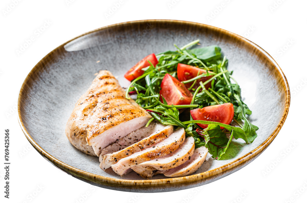 Sliced chicken breast fillet steak with green salad in a plate.  Isolated, Transparent background.