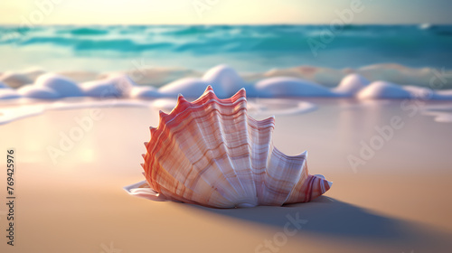 Small conch shells on the beach, blurred beach and bokeh background photo
