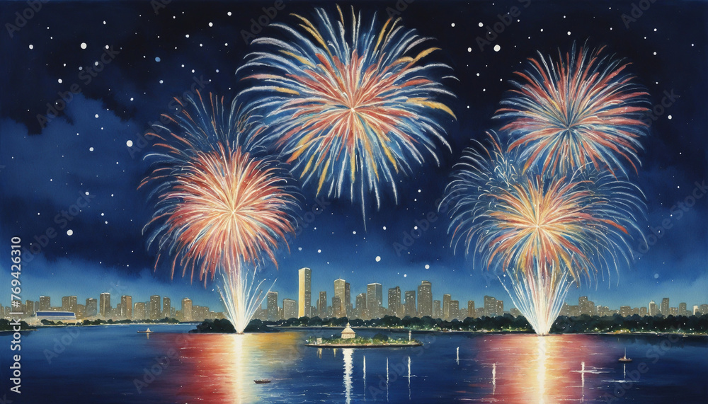 Watercolor scenery of fireworks display colorful background