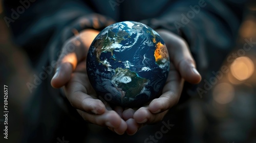 Woman s hands gently holding a globe or model of the Earth symbolizing the care responsibility and stewardship that humanity must take to protect and sustain