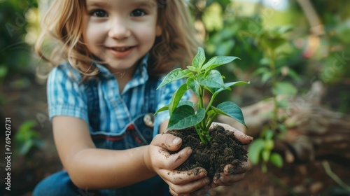 Young Child Donating Potted Plant Symbolizing Transfer of Care and Knowledge for a Greener Future photo