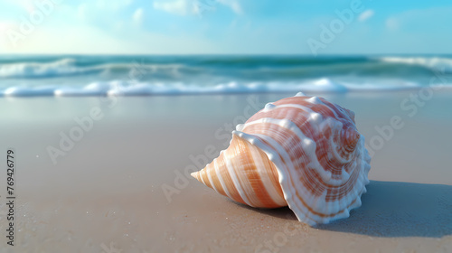 Small conch shells on the beach, blurred beach and bokeh background © jiejie