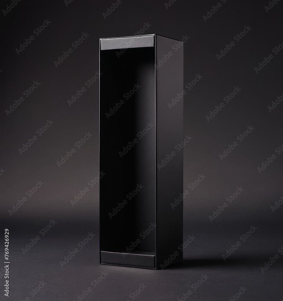 Mockup of black open rectangular box for alcohol bottle presentation, isolated on black background, empty black wide flat box. Blank cardboard box for brand presentation Mockup of black open rectangular box for alcohol bottle presentation, isolated on black background, empty black wide flat box. Blank cardboard box for brand presentation