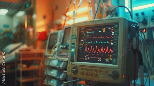 A hospital heart rate monitor for checking EKG graphs in the intensive care unit monitors vital signs