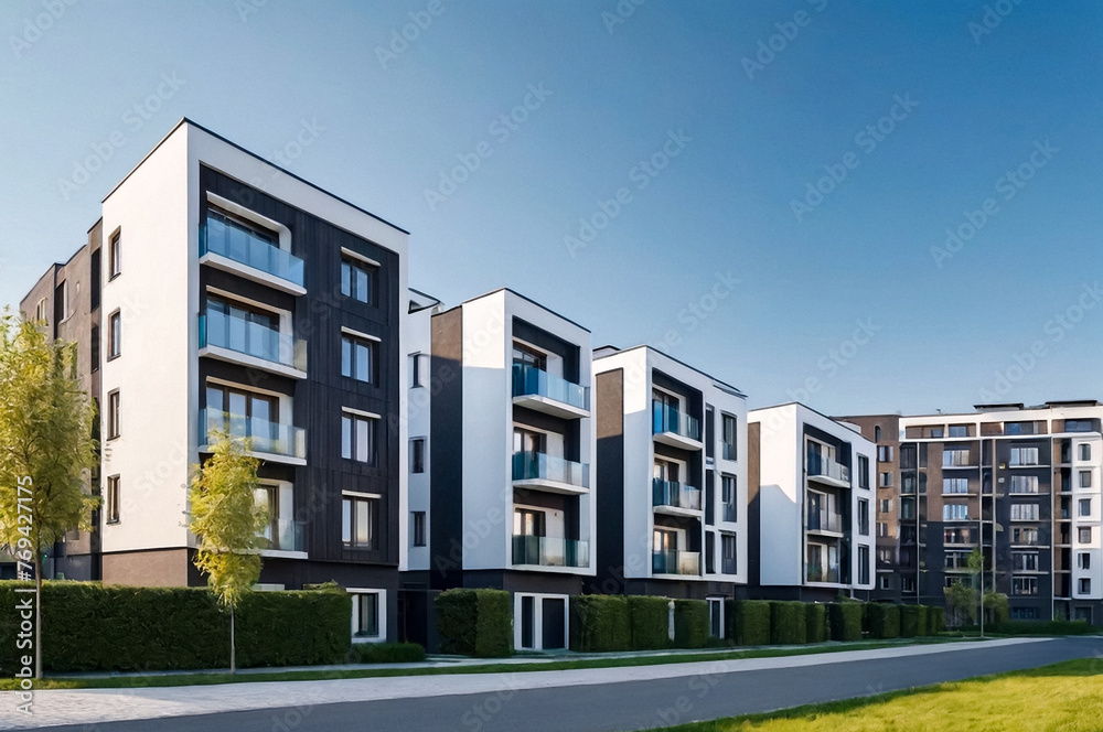 Modern residential block of apartment buildings with facade of flat buildings against blue clear sky. Urban real estate and complex of buildings for people. Concept of housing renovation. Copy space