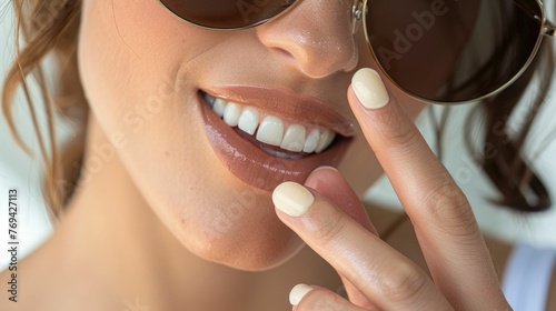 Young,smiling woman with sunglasses applying a moisturizing lip balm with sun protection factor SPF to her lips The woman's radiant skin and cheerful expression photo