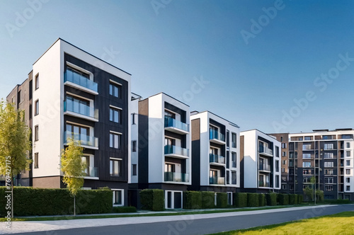 Modern residential block of apartment buildings with facade of flat buildings against blue clear sky. Urban real estate and complex of buildings for people. Concept of housing renovation. Copy space © Alex Vog