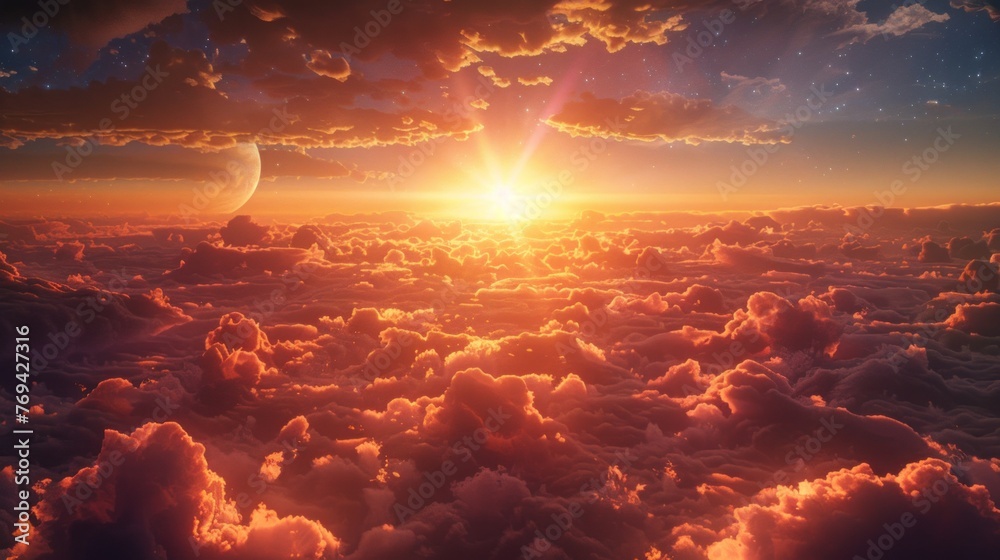 Fototapeta premium A mesmerizing blend of sunset and sunrise hues painted across the sky amidst fluffy clouds