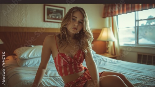 An analog style photo capturing a gorgeous woman in various poses within an old motel room, evoking the aesthetic of classic American films
