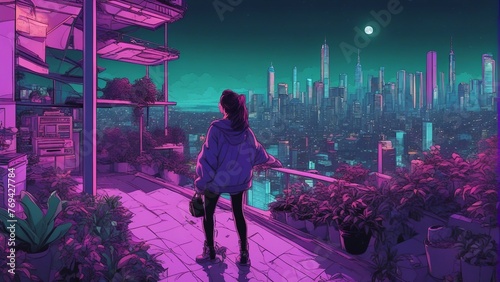 Generative AI. Neon glow art cityscape. Apartments, futuristic, Skyline shot. Beautiful girl standing on terrace. mesmerizing moon, night shot. Urban area bathed in neon glow.