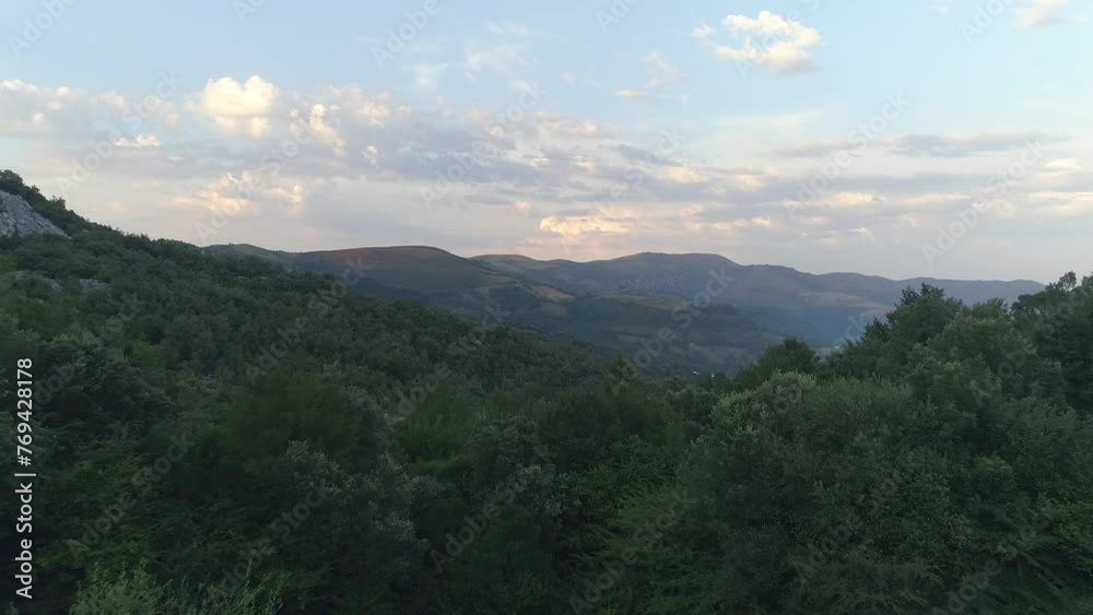 Beautiful aerial flyover above the tree tops in Lugar Barrio Ranero, Vizcaya, Spain.