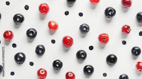 Collection of black and red beads arranged on a pristine white surface, creating a high contrast visual effect, background, wallpaper