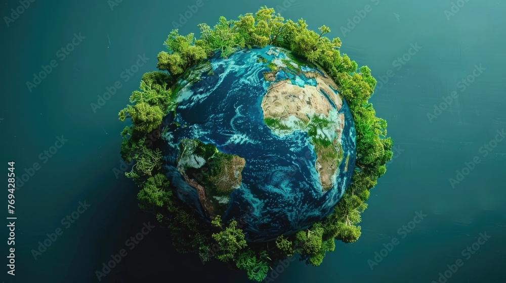 Fototapeta premium Conceptual image depicts a stylized globe or sphere-shaped object nestled amidst lush green foliage and plants,conveying a message of environmental sustainability and ecological harmony