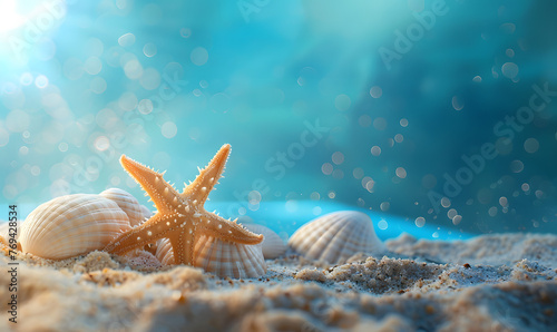 seashells and starfish on sand floor with blue water bokeh light as background with light flare, Generative AI