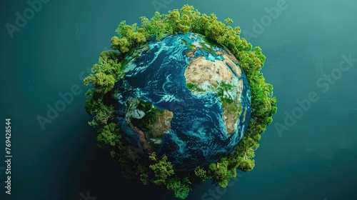 Conceptual image depicts a stylized globe or sphere-shaped object nestled amidst lush green foliage and plants conveying a message of environmental sustainability and ecological harmony