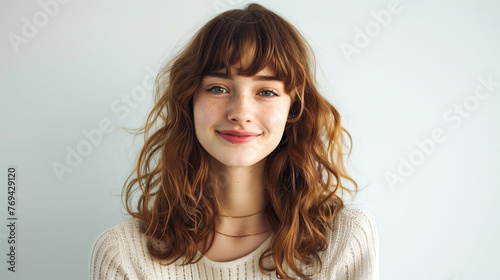 Young woman with highligthed bangs hairstyle on white background, photo