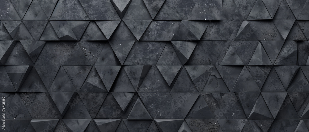 Abstract triangular dark black anthracite gray stone concrete cement mosaic tiles wallpaper texture with geometric ribbed triangles background banner. - obrazy, fototapety, plakaty 