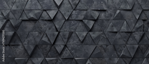 Abstract triangular dark black anthracite gray stone concrete cement mosaic tiles wallpaper texture with geometric ribbed triangles background banner. photo