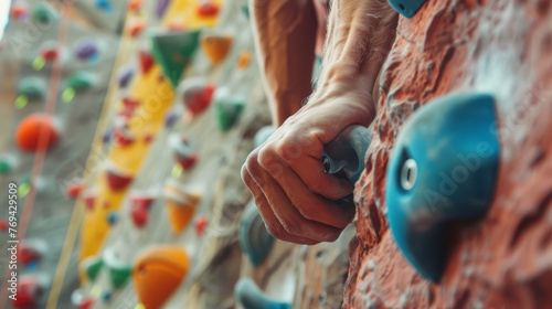 Close-up shot capturing a man's hands gripping handles on a climbing wall in a gym or hall. Intense focus and determination evident as he tackles the challenge of indoor climbing. photo