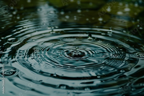closeup of raindrop ripples in a serene puddle